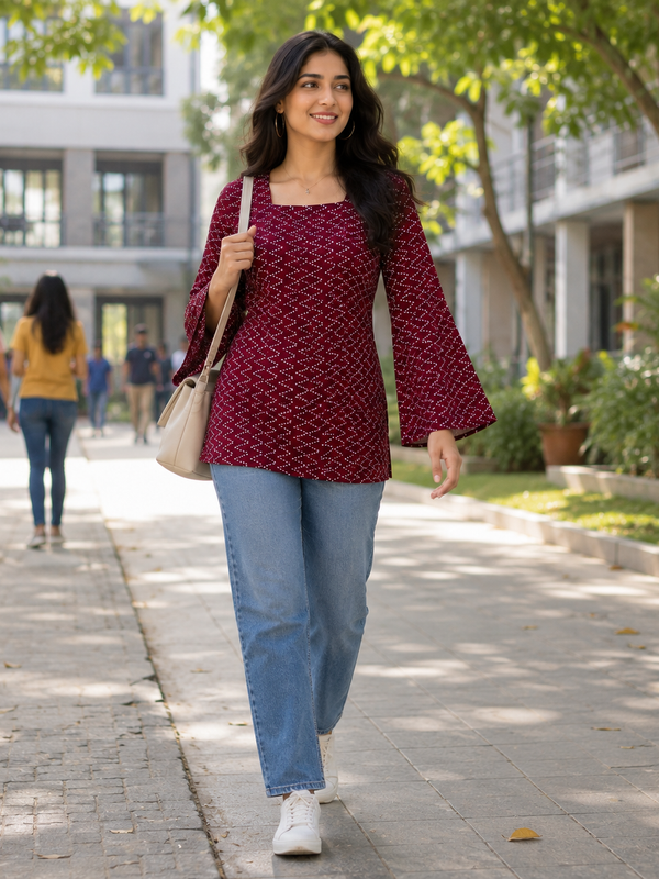 Maroon Bandhani Print Square Neck Short Kurti for Women
