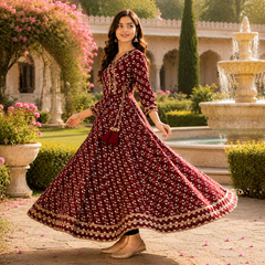 Maroon Floral Printed Anarkali Kurta with Border Detailing