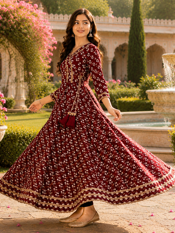 Maroon Floral Printed Anarkali Kurta with Border Detailing