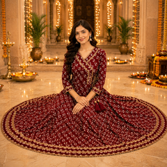 Maroon Floral Printed Anarkali Kurta with Border Detailing