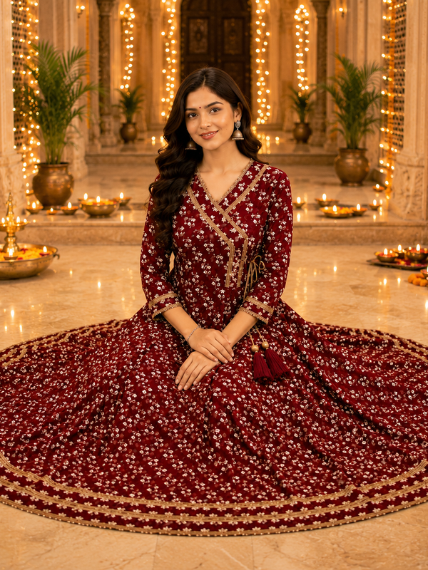 Maroon Floral Printed Anarkali Kurta with Border Detailing
