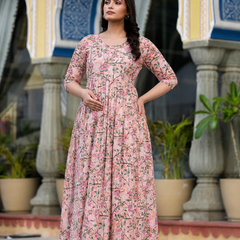 Women's Cotton Peach Floral Maternity Feeding Dress with Zipper