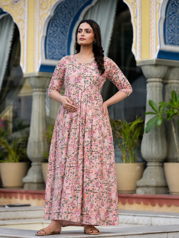 Women's Cotton Peach Floral Maternity Feeding Dress with Zipper