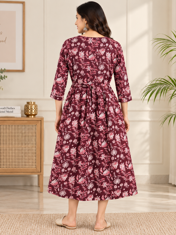 Women’s Maroon Ethnic Floral Print Maternity