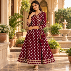 Maroon Floral Printed Anarkali Kurta with Border Detailing