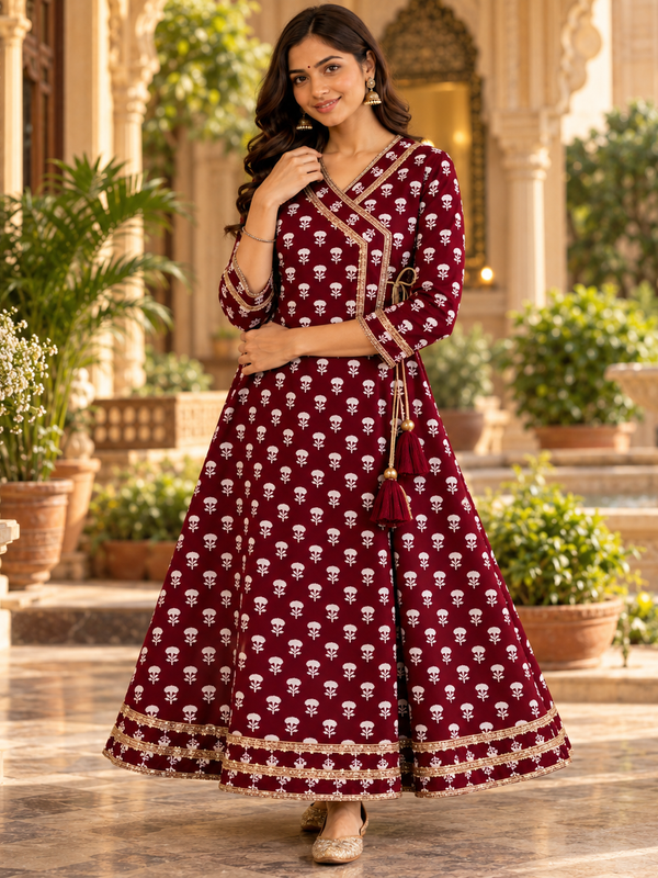 Maroon Floral Printed Anarkali Kurta with Border Detailing