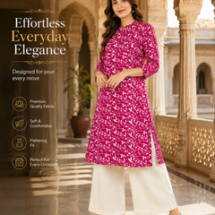 Women's Pink Floral Print Cotton A-Line Kurta