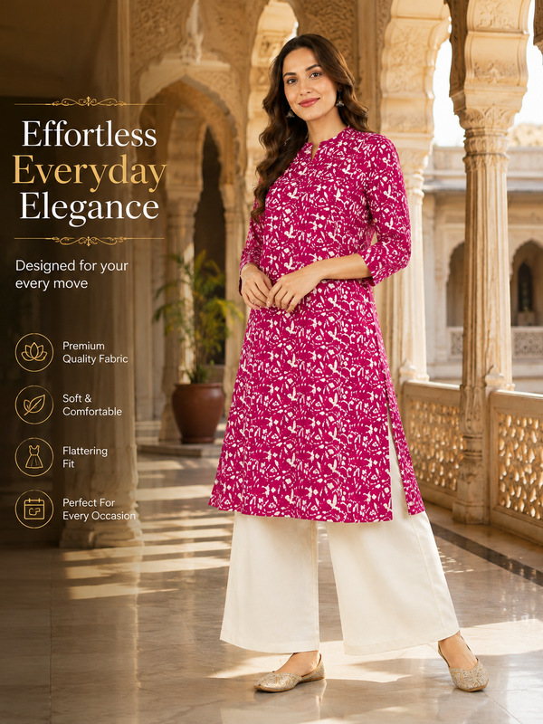 Women's Pink Floral Print Cotton A-Line Kurta