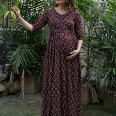 Women's Cotton Paan Floral Maternity Feeding Dress with Zipper