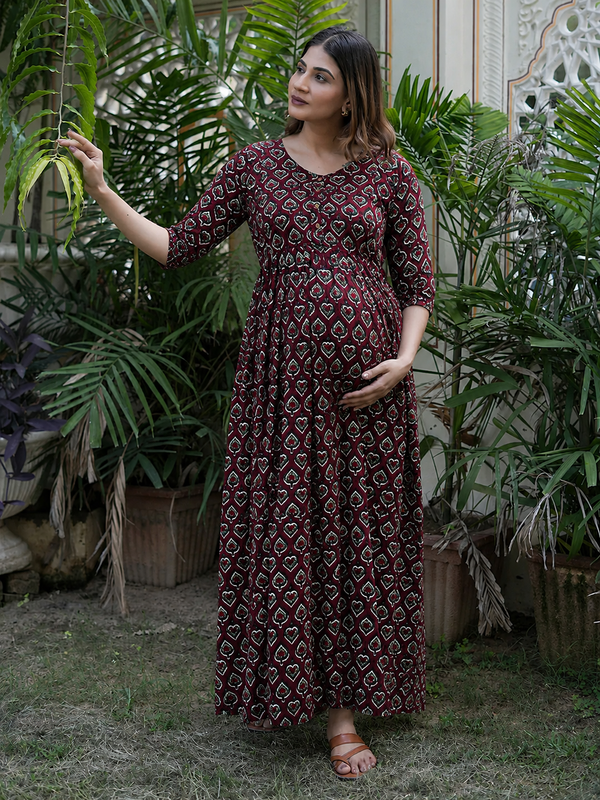 Women's Cotton Paan Floral Maternity Feeding Dress with Zipper