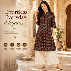 Women's Maroon Floral Print Cotton A-Line Kurta