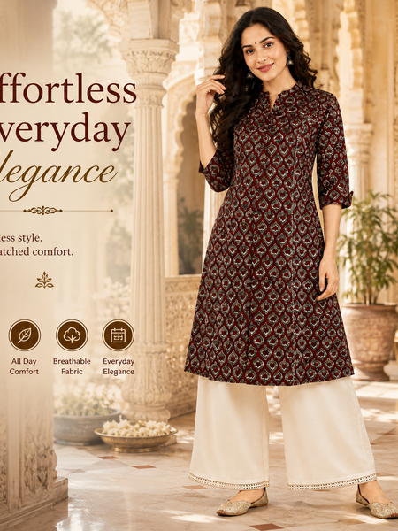 Women's Maroon Floral Print Cotton A-Line Kurta