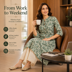 Women's Pista Green Floral Print Cotton A-Line Kurta