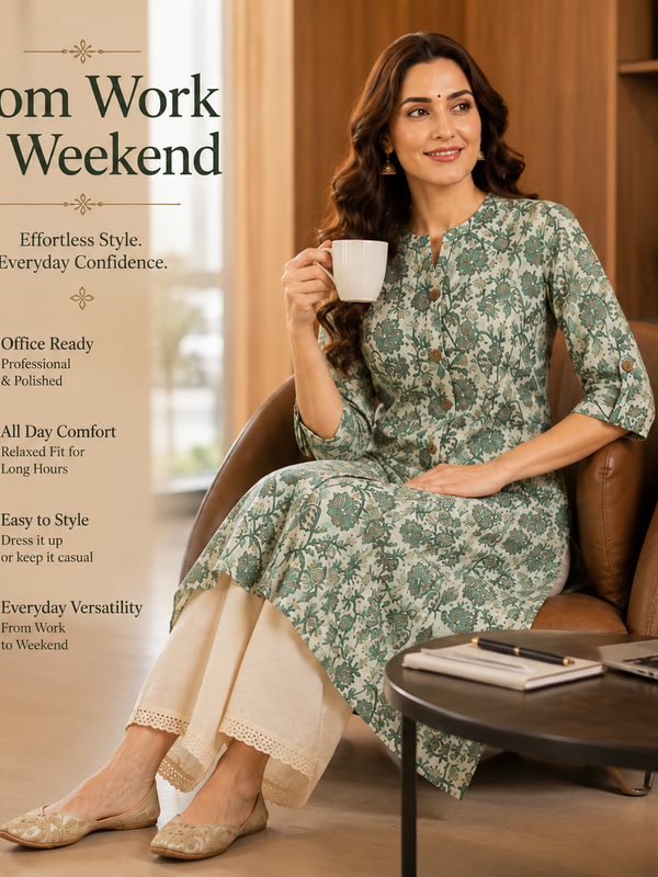 Women's Pista Green Floral Print Cotton A-Line Kurta