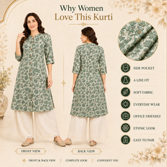 Women's Pista Green Floral Print Cotton A-Line Kurta