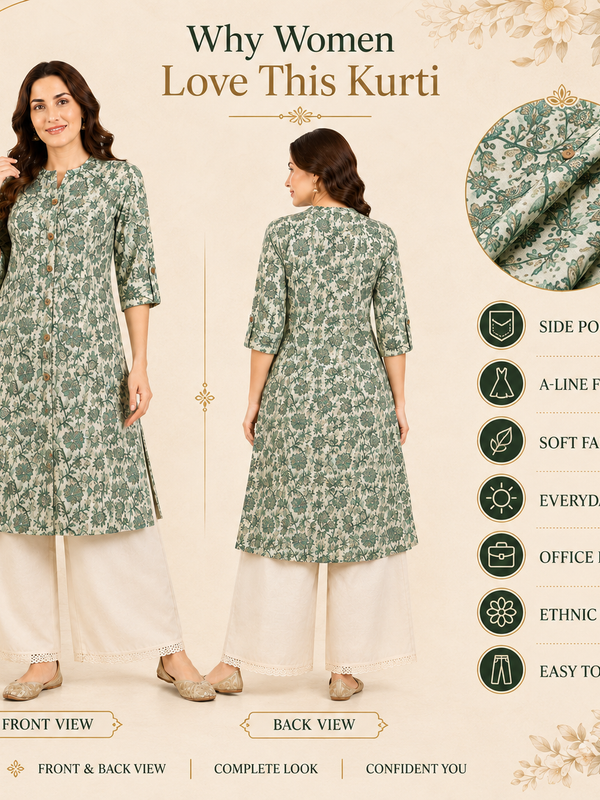 Women's Pista Green Floral Print Cotton A-Line Kurta