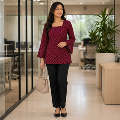 Maroon Bandhani Print Square Neck Short Kurti for Women