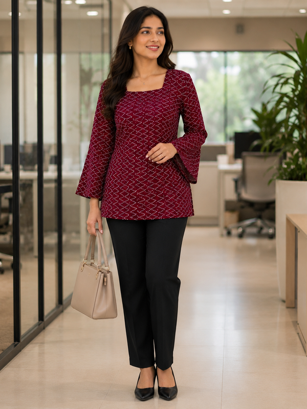 Maroon Bandhani Print Square Neck Short Kurti for Women