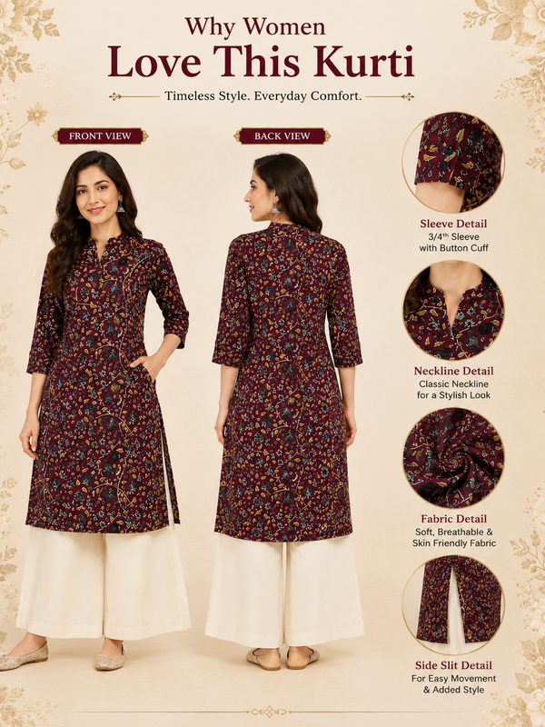 Women's Red Bird Print Cotton A-Line Kurta