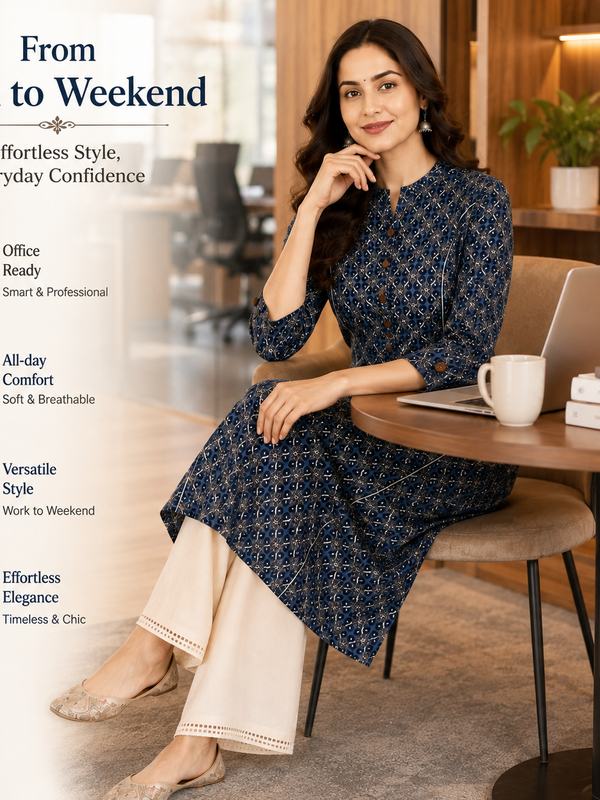 Women's Teal Blue Floral Print Cotton A-Line Kurta