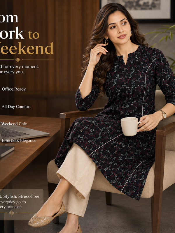 Women's Blue & Gold Floral Print Cotton A-Line Kurta