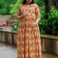 Women's Cotton Orange Floral Maternity Feeding Dress with Zipper