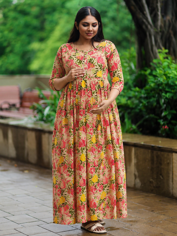 Women's Cotton Orange Floral Maternity Feeding Dress with Zipper