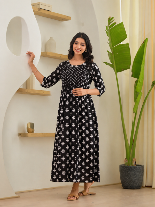 Women's Floral & Zigzag Anarkali Maternity Feeding Dress