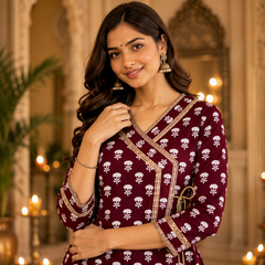 Maroon Floral Printed Anarkali Kurta with Border Detailing