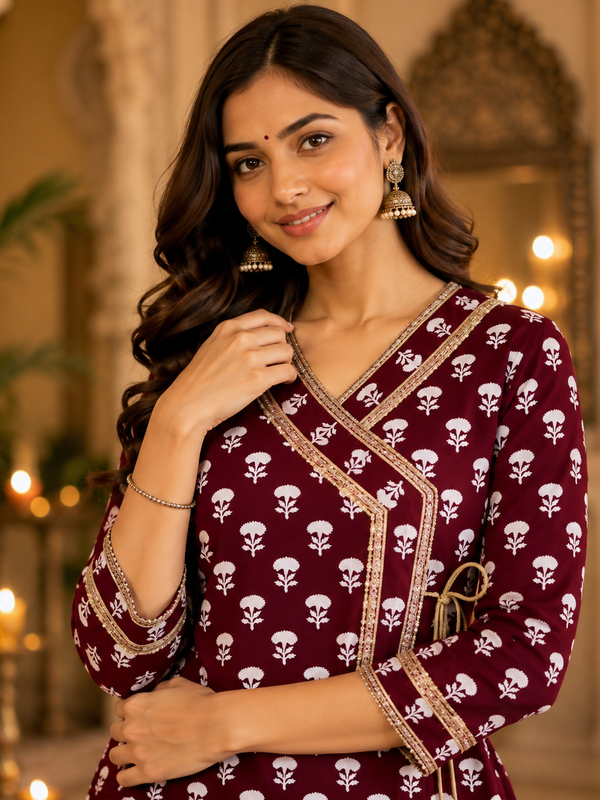 Maroon Floral Printed Anarkali Kurta with Border Detailing