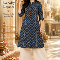 Women's Teal Blue Floral Print Cotton A-Line Kurta