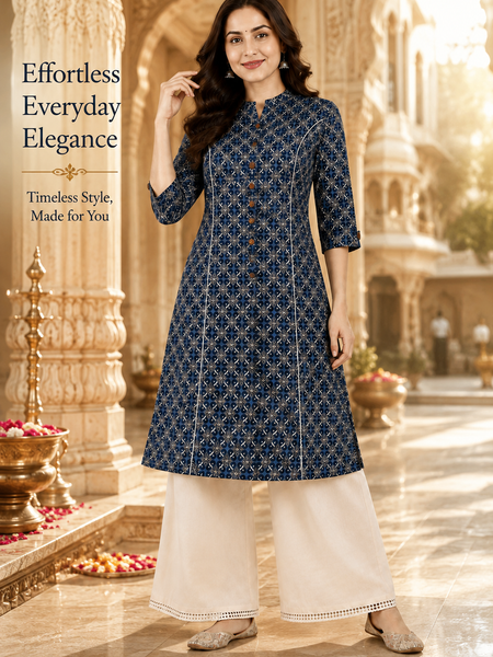 Women's Teal Blue Floral Print Cotton A-Line Kurta