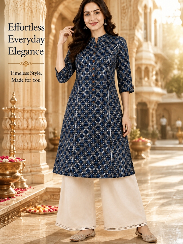 Women's Teal Blue Floral Print Cotton A-Line Kurta