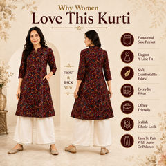Women's Red Bird Print Cotton A-Line Kurta