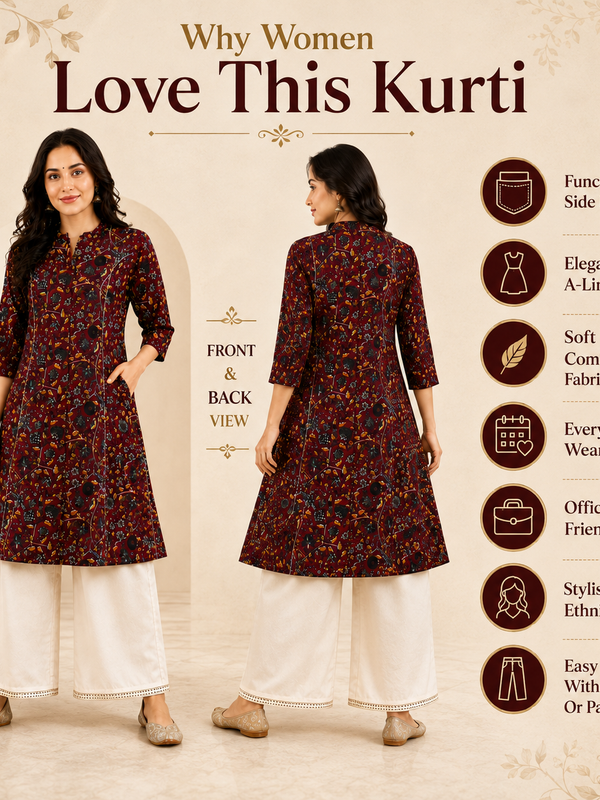 Women's Red Bird Print Cotton A-Line Kurta