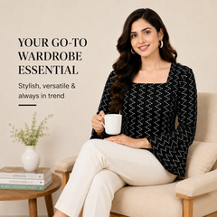 Black Bandhani Print Square Neck Short Kurti for Women