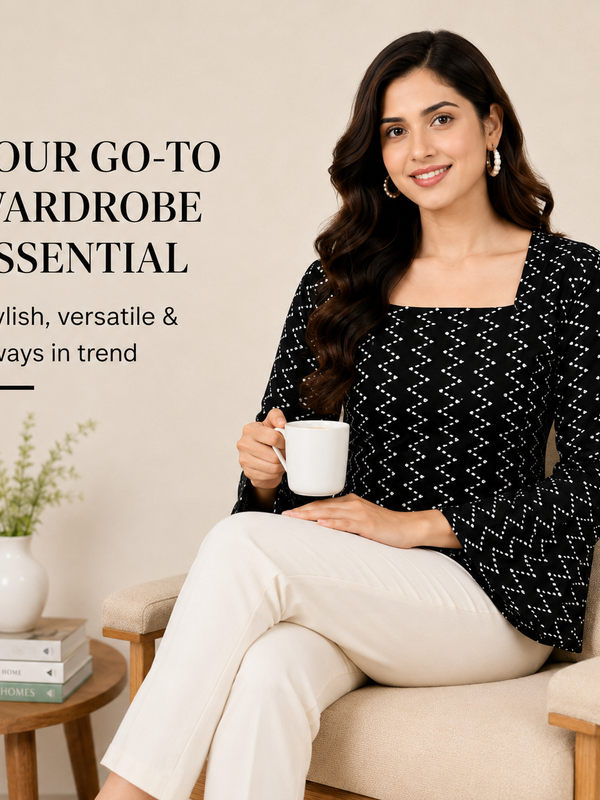 Black Bandhani Print Square Neck Short Kurti for Women