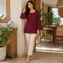 Maroon Bandhani Print Square Neck Short Kurti for Women