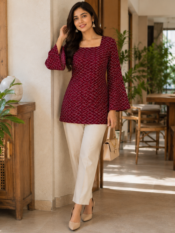 Maroon Bandhani Print Square Neck Short Kurti for Women