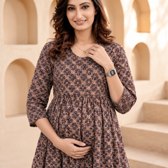 Women's Coffee Cotton Floral Maternity Feeding Dress with Zipper