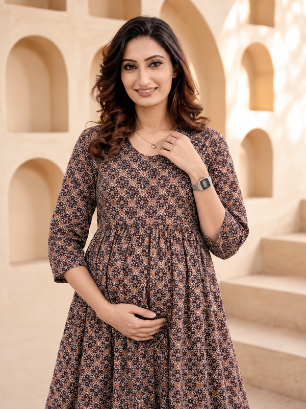 Women's Coffee Cotton Floral Maternity Feeding Dress with Zipper