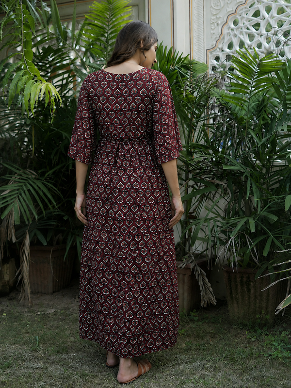 Women's Cotton Paan Floral Maternity Feeding Dress with Zipper