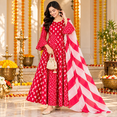 Red Floral & Zigzag Print Cotton Blend Anarkali Suit Set With Dupatta