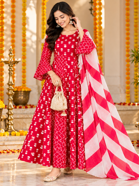 Red Floral & Zigzag Print Cotton Blend Anarkali Suit Set With Dupatta