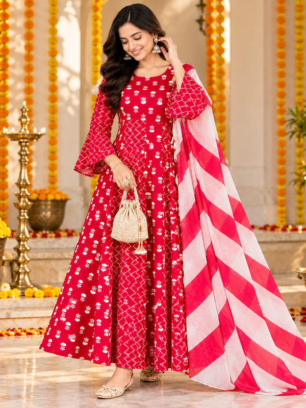 Red Floral & Zigzag Print Cotton Blend Anarkali Suit Set With Dupatta
