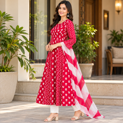 Red Floral & Zigzag Print Cotton Blend Anarkali Suit Set With Dupatta