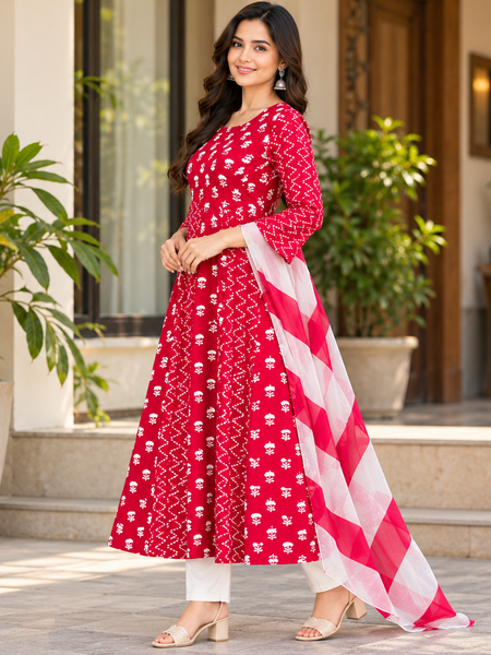 Red Floral & Zigzag Print Cotton Blend Anarkali Suit Set With Dupatta