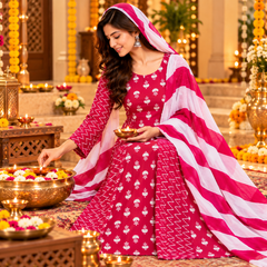 Red Floral & Zigzag Print Cotton Blend Anarkali Suit Set With Dupatta