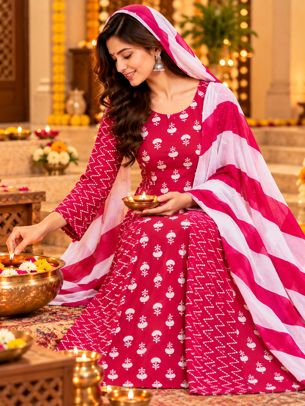 Red Floral & Zigzag Print Cotton Blend Anarkali Suit Set With Dupatta