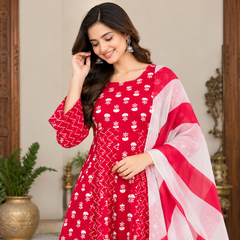 Red Floral & Zigzag Print Cotton Blend Anarkali Suit Set With Dupatta